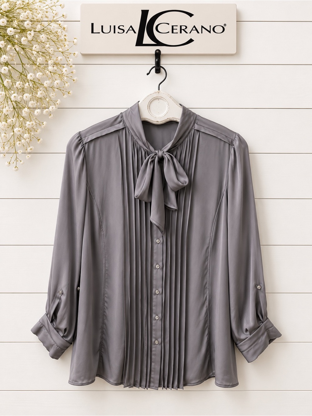 LUISA CERANO Gray Satin Tie-Neck Blouse Size 10